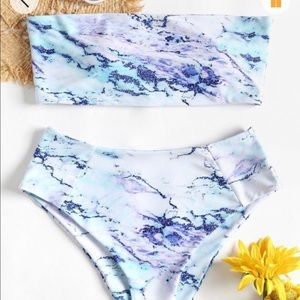 Marble print high rise strapless swimsuit